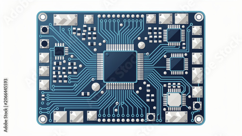 blue electronic circuit board with microchips and pathways for technology and innovation