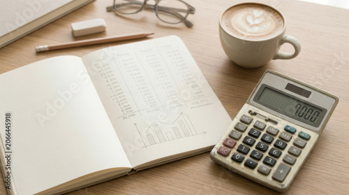 Calculator notebook budget finance coffee desk Close view calculator, notebook budget finance coffee desk workspace, warm morning light, planning expense with handwritten chart and latte cup