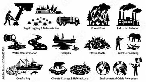Nature Destruction and Pollution Icons Set for Environmental Awareness Projects