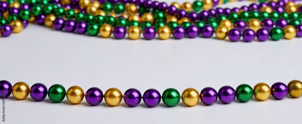 Fototapeta premium Colorful Mardi Gras bead garland in purple, green, and gold highlighting a festive backdrop with event space.