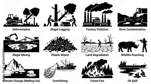 Climate Crisis and Environmental Damage Black Silhouette Vector Illustration Bundle