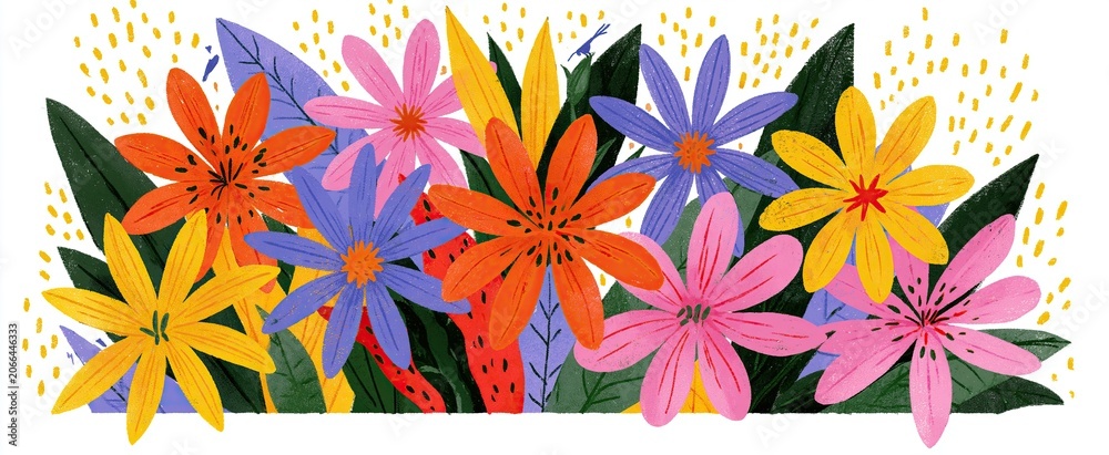 Fototapeta premium Colorful spring-themed bouquet featuring playful petals and leaves, ideal for seasonal greetings and festive designs.