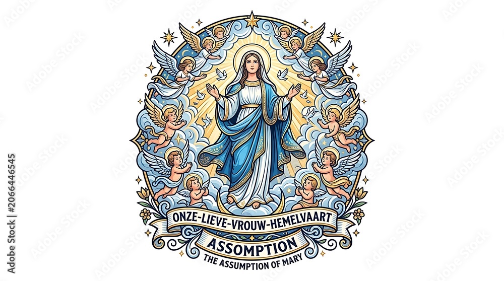Obraz premium Assumption of mary religious illustration with angels and light