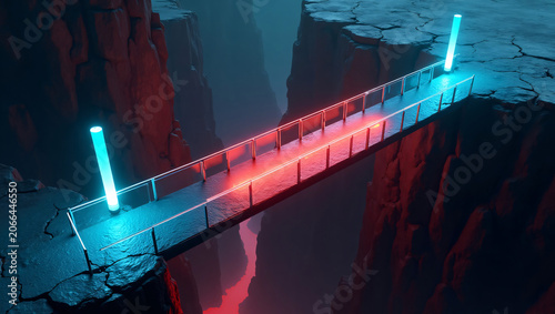Neon futuristic canyon bridge, red-lit walkway, cyan light pillars, dark rocky cliffs