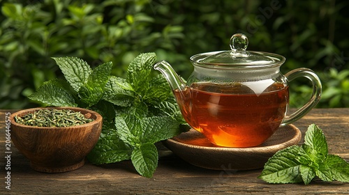 Refreshing Mint Tea Still Life Glass Teapot and Fresh Herbs on Rustic Wood