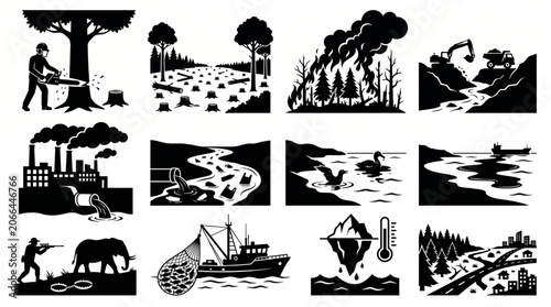 Ecology Crisis Vector Set with Deforestation, Wildfire and Industrial Pollution