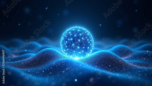 Glowing blue network sphere on undulating particle waves, dark starry digital background