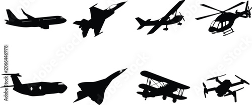 Fotografie Set of aircraft silhouettes including passenger airplane fighter jet helicopter