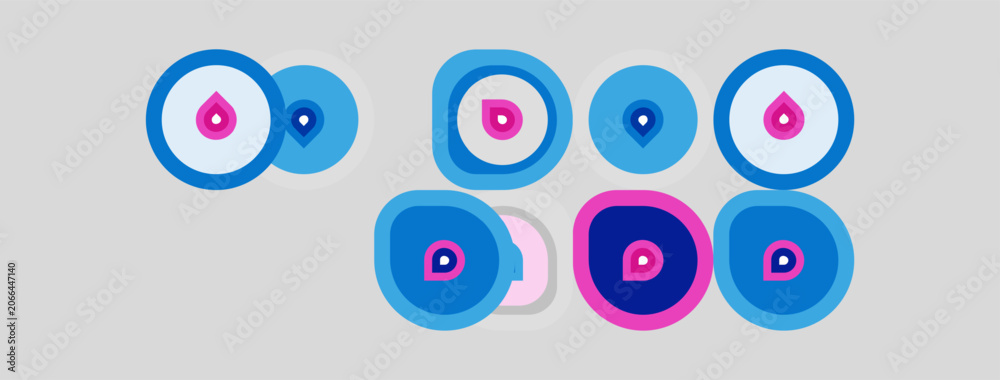 Naklejka premium Colorful stylized eyes, possibly charms, arranged on gray background. Pink, blue hues dominate design, creating playful pattern.