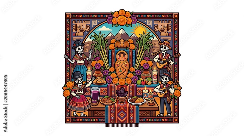 Fototapeta premium Vibrant day of the dead celebration with skeletons and traditional altar