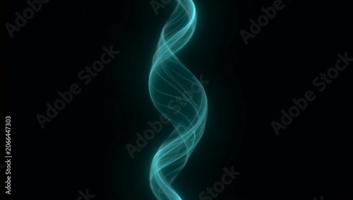 Glowing teal translucent DNA helix on solid black background