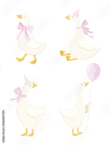 Cute White Geese with Pink Bows Balloons and Party Hats Collection