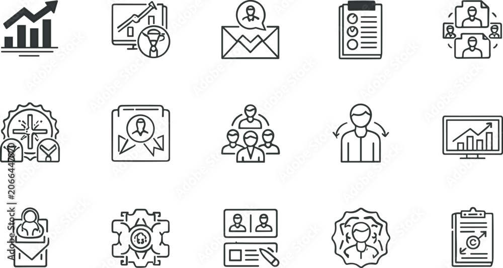 © SALMA - Corporate human resources management and career development line icons set containing employee performance appraisal growth charts team elements