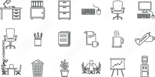 Slika na platnu Corporate office furniture and workspace equipment line icons set containing de