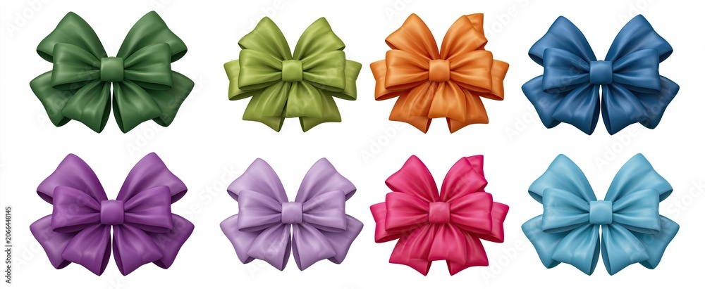 Fototapeta premium Colorful 3D gift bows displayed on a white background, perfect for festive wrapping and holiday decor.