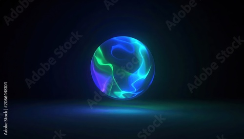 Luminous, glowing orb with swirling energy, casting subtle shadows on a dark surface
