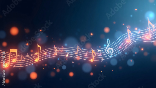 Wavy glowing music staff with colorful neon notes, soft bokeh dark blue background