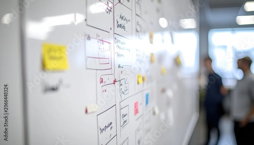 A whiteboard displays a planning strategy, sticky notes, diagrams. Two people blur in the background