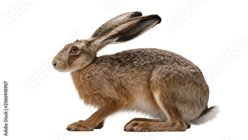 Isolated brown European hare with long ears and soft fur standing side profile view