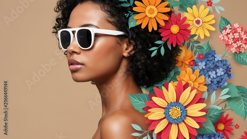 A woman with curly hair wearing white sunglasses posing next to colorful paper flowers on a beige background