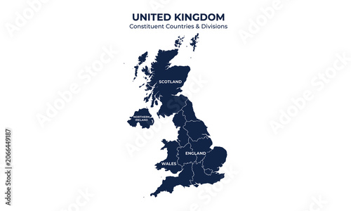 Slika na platnu Detailed, dark blue vector map of the United Kingdom, illustrating constituent countries, regions, England, Scotland, Wales, Northern Ireland, educational geography