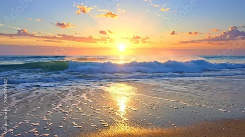 Golden sunset over a peaceful tropical beach with gentle ocean waves