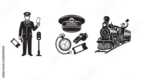 Railway Station Icons Set With Train Conductor, Locomotive, And Vintage Railwayman Accessories