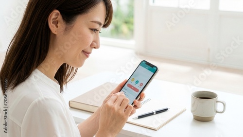 スマートフォンで投資運用資産チェックをしている若い女性