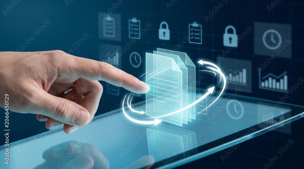 Fototapeta premium Document management system DMS in business. Digital file database, document storage, file management system, business technology, organization
