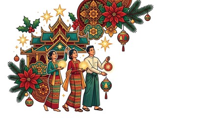 People in traditional southeast asian dress celebrating festive holidays