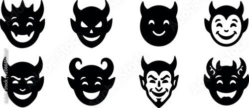 Foto Eight happy and angry devil faces with horns in black and white vector style