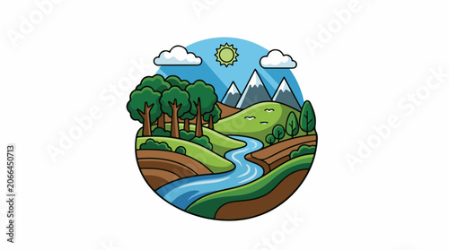 A serene landscape with a river, trees, mountains, and a sunny sky