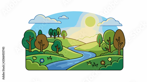 A serene landscape with rolling hills, meandering river, trees, and vibrant flowers under sunny sky