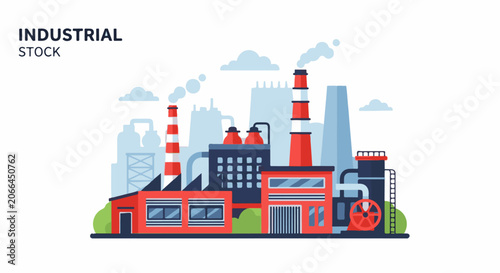 A simple illustration of a factory with smokestacks and buildings