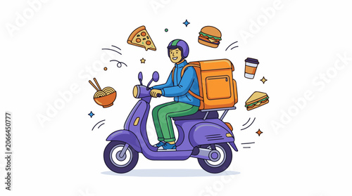 A smiling delivery person rides a purple scooter with food