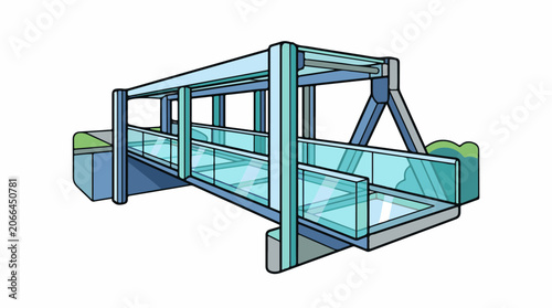A futuristic glass bridge with a metal frame