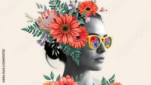 Black and white portrait of a woman with colorful paper flowers and yellow sunglasses with floral reflections inside