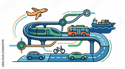 A stylized illustration of various transportation modes on a winding road and track