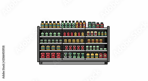 Colorful cartoon illustration of a refrigerated food shelf stocked with drinks, sandwiches, and snacks