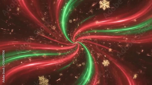 Abstract Christmas background with red and green light trails and golden snowflakes