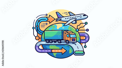 Colorful illustration of truck and airplane on globe with roads