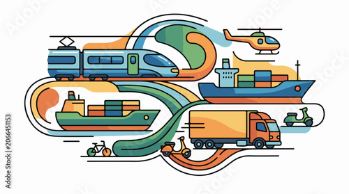 Colorful illustration of various transportation modes in a winding road
