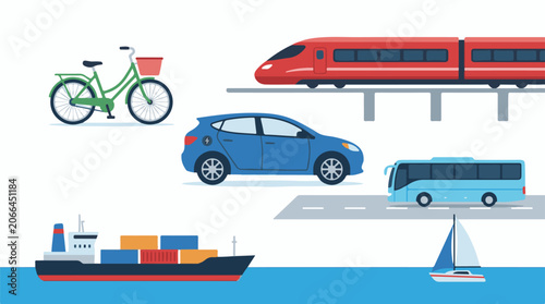 Colorful illustration of various transportation modes on land and sea