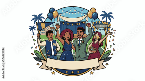 Joyful group celebrating homecoming with festive decorations