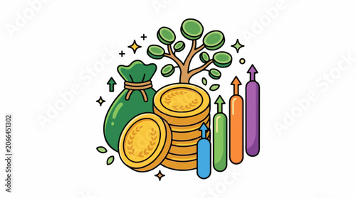 A cartoon illustration of a money bag, coins, a tree, and growing colorful arrows
