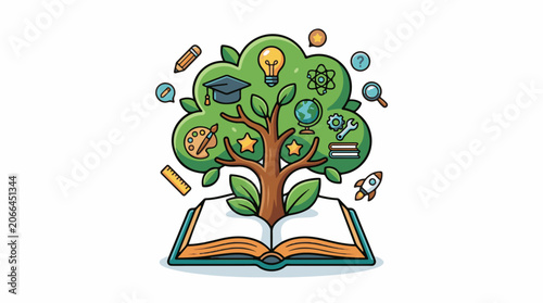A cartoon tree grows out of an open book, surrounded by learning icons