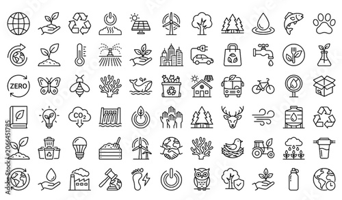 Earth Day Outline Icon Set with Environmental Awareness Ecology Sustainability and Green Energy Symbols