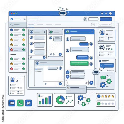 A detailed graphic illustration of a software interface with various elements and symbols.