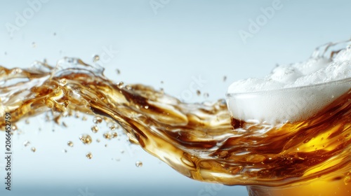 An invigorating splash of beer flows gracefully from a frosty glass, symbolizing refreshment and celebration, making it ideal for beverage-related content.