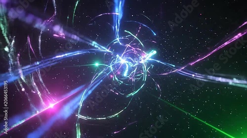 Abstract digital light trails swirling in a cosmic space tunnel